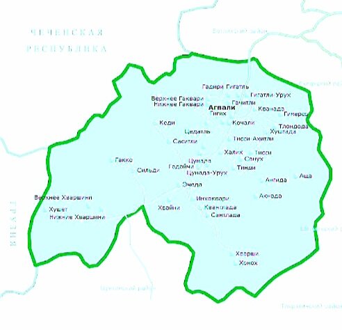 Карта высокогорного Цунтинского района республики Дагестан, расположенный на границе с Грузией