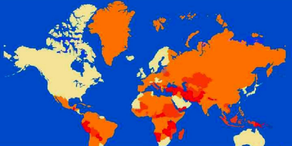 Карта йододефицита в мире. Оранжевый -умеренный дефицит йода, красный-тяжелый, белый-нет дефицита.