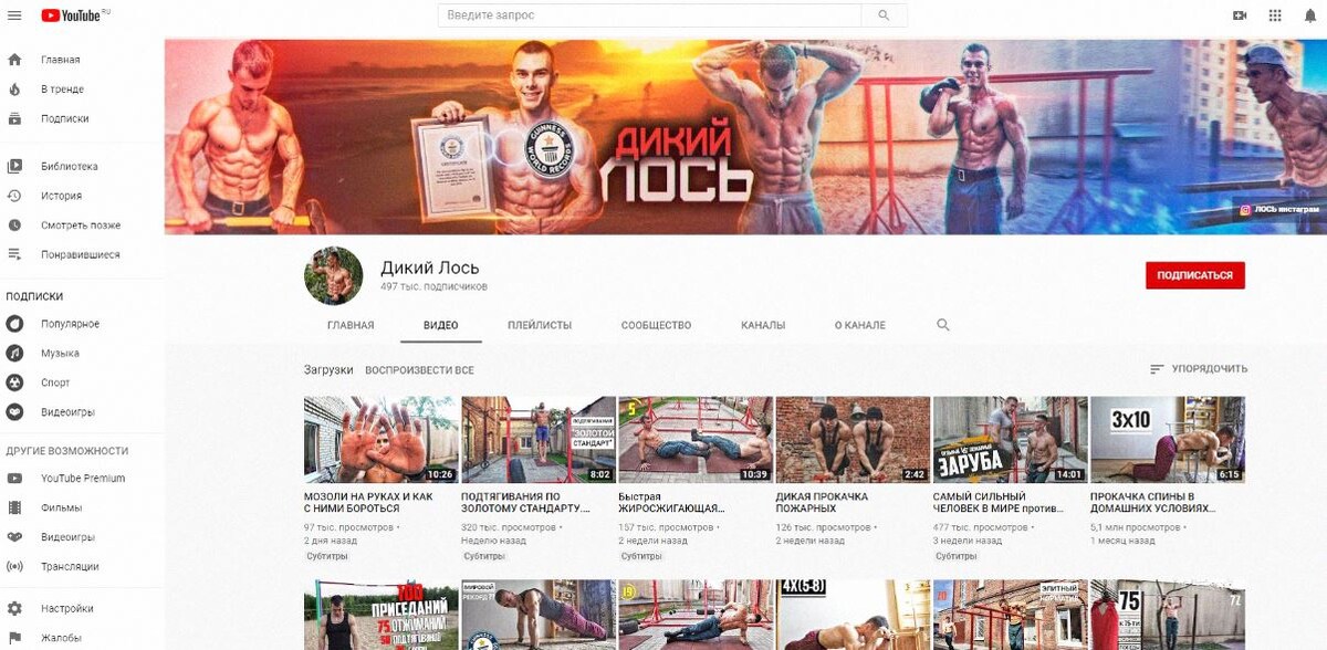 Скрин Ютьюб-канала "Дикий лось". Он дает отличные коротенькие комплексы упражнений на разные части тела с легкими и тяжелыми нагрузками