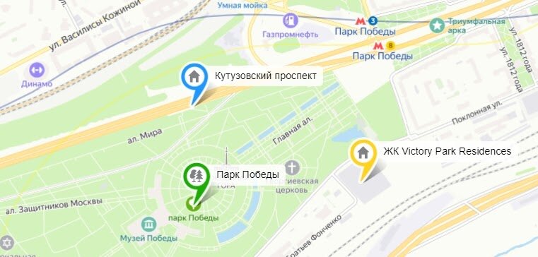 От дома в ЖК Victory Park Residences до парка Победы можно дойти пешком буквально перейдя дорогу