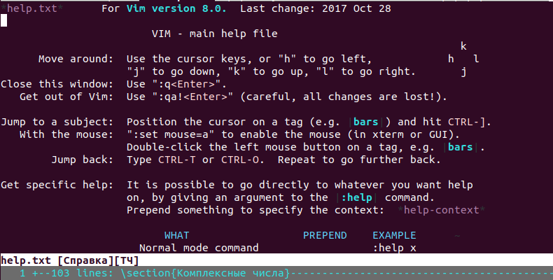 Главный файл документации. Открывается командой :help без параметров. Голубым выделены гиперссылки, можно прыгать (см. далее). Фиолетовым выделены файлы, на них тоже можно прыгать. Например, на help-context. 