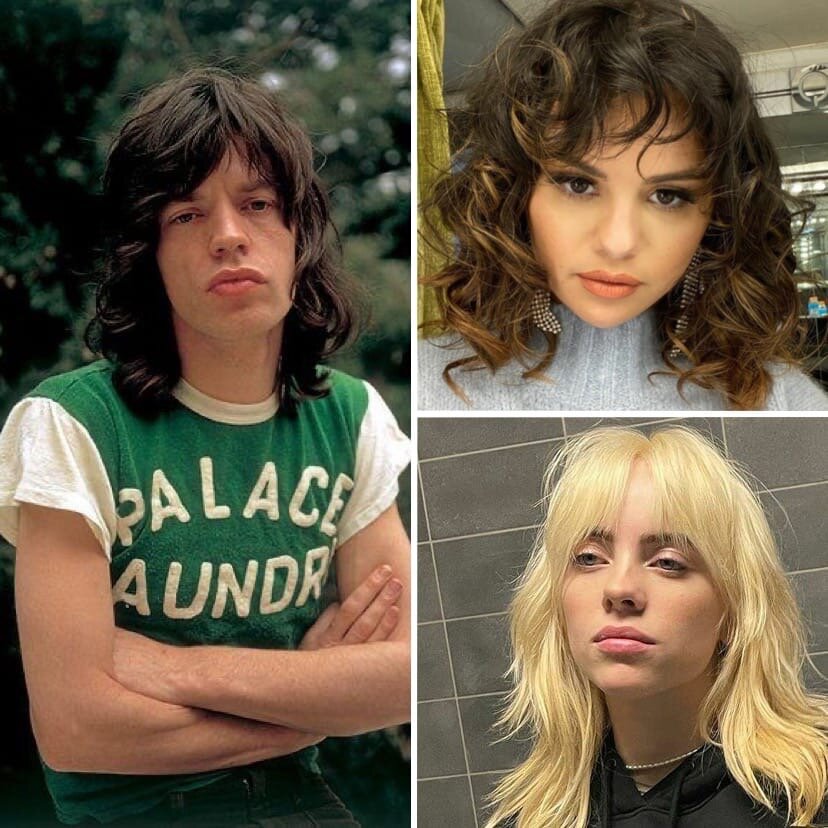 Мик Джаггер, Селена Гомес, Билли Айлиш. В следующем фото еще варианты. Стрижка подходит даже обладательницам тонких волос. 