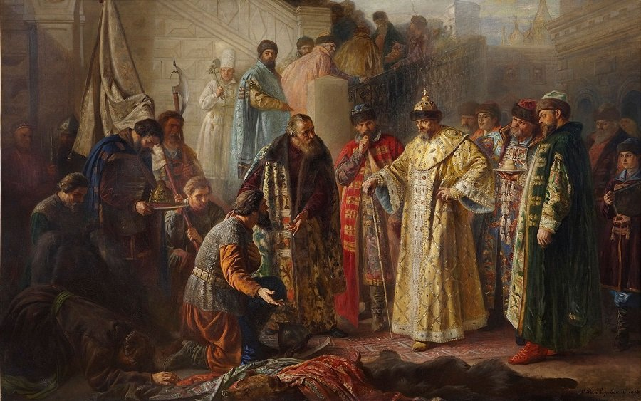 Посланники от Ермака на красном крыльце перед Иваном Грозным. Картина С. Р. Ростворовского, 1884 год 