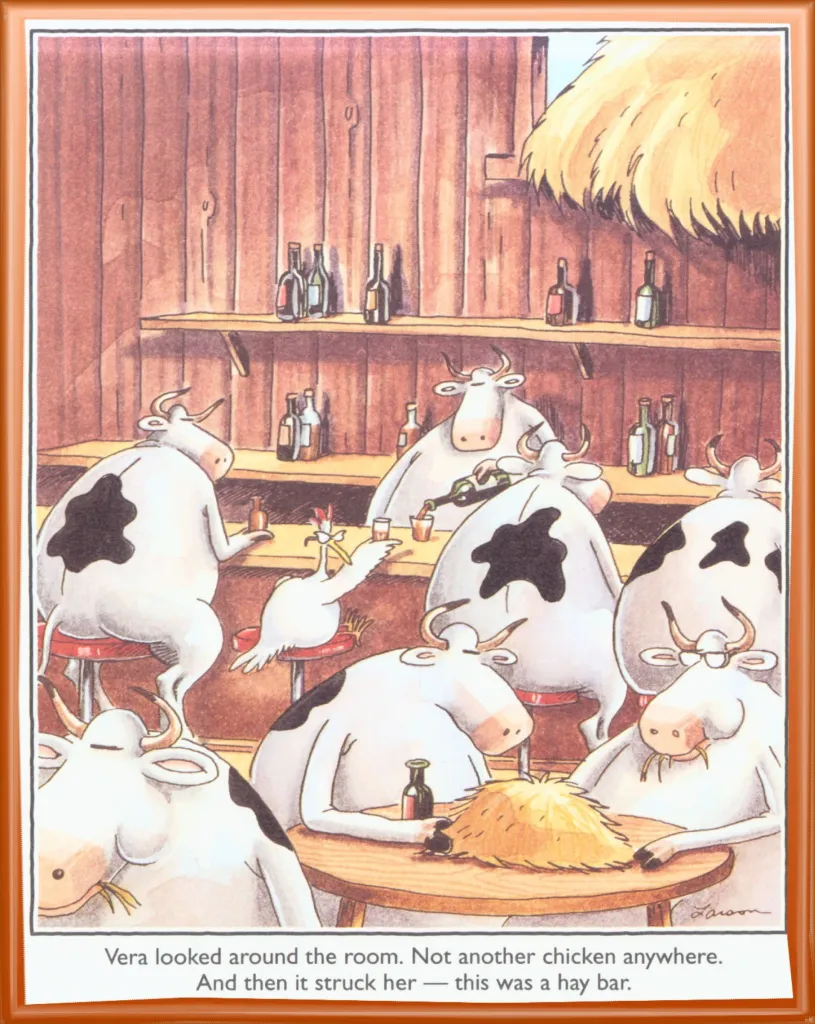 "Вера оглянулась вокруг. Нигде ни одной курицы. И вдруг она поняла - это же hay (от слова 'сено') бар." Игра слов: hay-gay.  