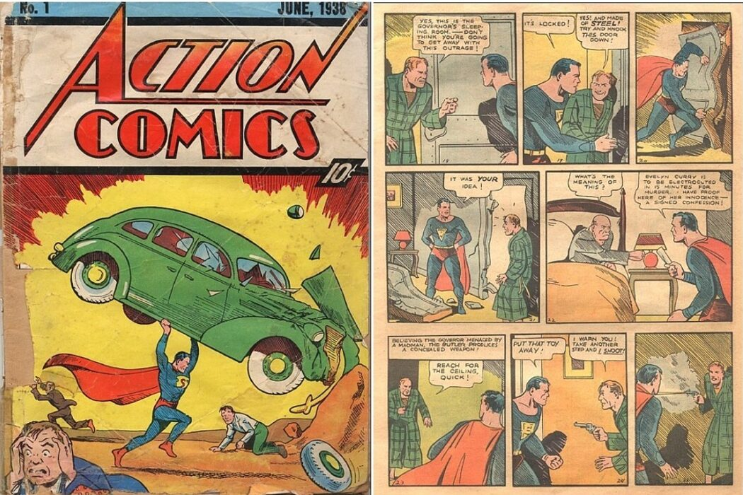 Супермена в комиксе Action Comics #1. Супермен 1938 первый выпуск. Самый первый комикс про Супермена. Первый комикс про Супермена 1938. Первое появление комиксов