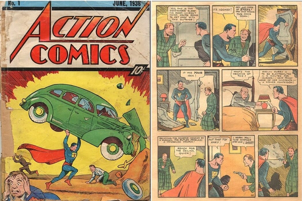 Год первый комикс. Супермена в комиксе Action Comics #1. Супермен 1938 первый выпуск. Самый первый комикс про Супермена. Первый комикс про Супермена 1938.