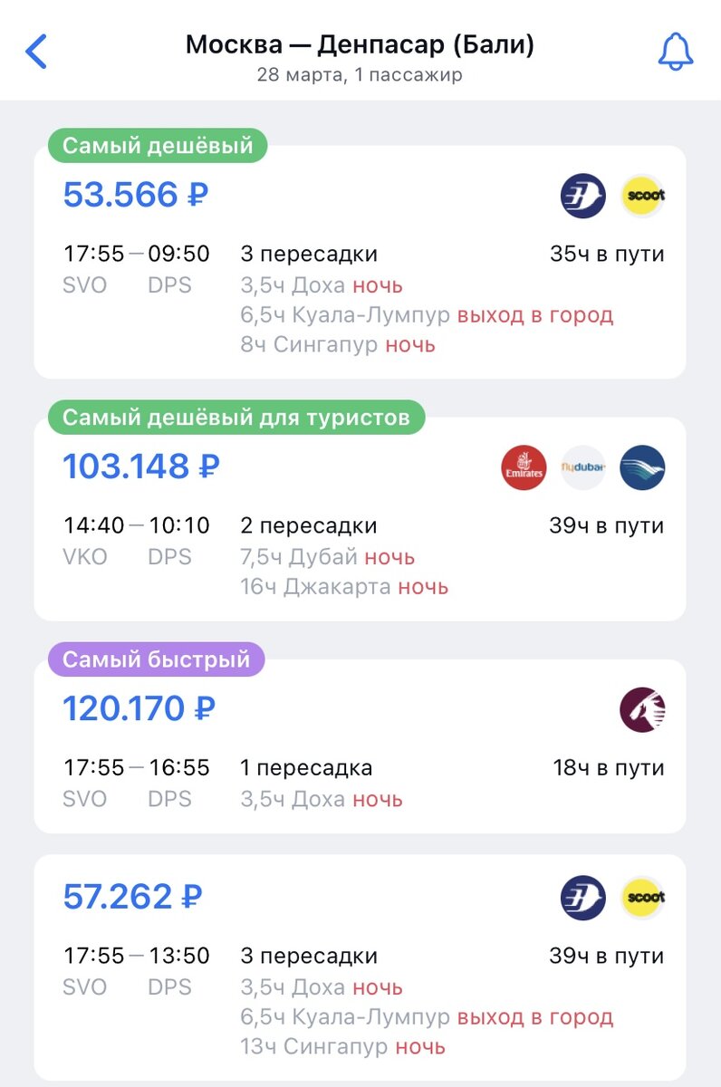 Рейсы из Москвы на Бали. Источник: Aviasales