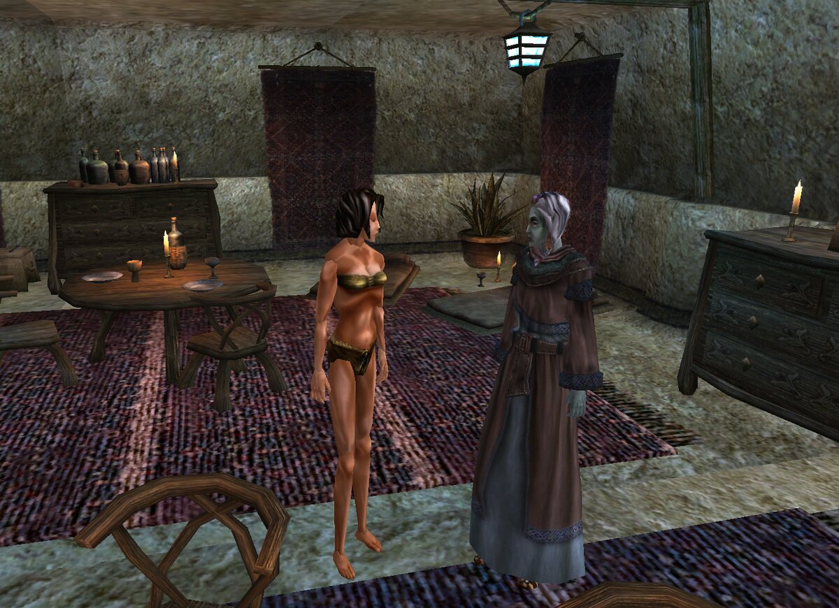 Ассасин Мораг Тонг эпатирует свою жертву, разгуливая неглиже, чтобы вступить с ней в диалог и вынудить к нападению.