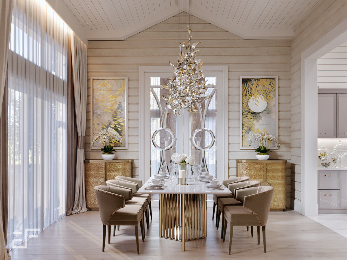 Дизайн интерьера столовой в загородном доме в неоклассическом стиле с элементами арт-деко