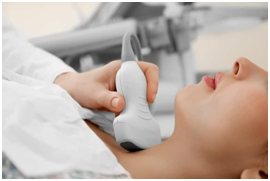 Such an ultrasound probe does not examine the thyroid gland. This convex (arcuately convex) sensor for abdominal organs. The head is located almost correctly (not bent forward).