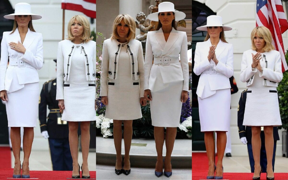 Образ Мелании элегантен и безупречен. Брижит в платье с трапециевидной юбкой и жакетом выглядит немного комично на фоне первой леди США. Неправильно подобранная длина юбки диссонирует со статусом леди Макрон. Фурнитура на жакете и фальш-карманы на платье конкурируют между собой. (Фото №1  взято на pinterest.ru)