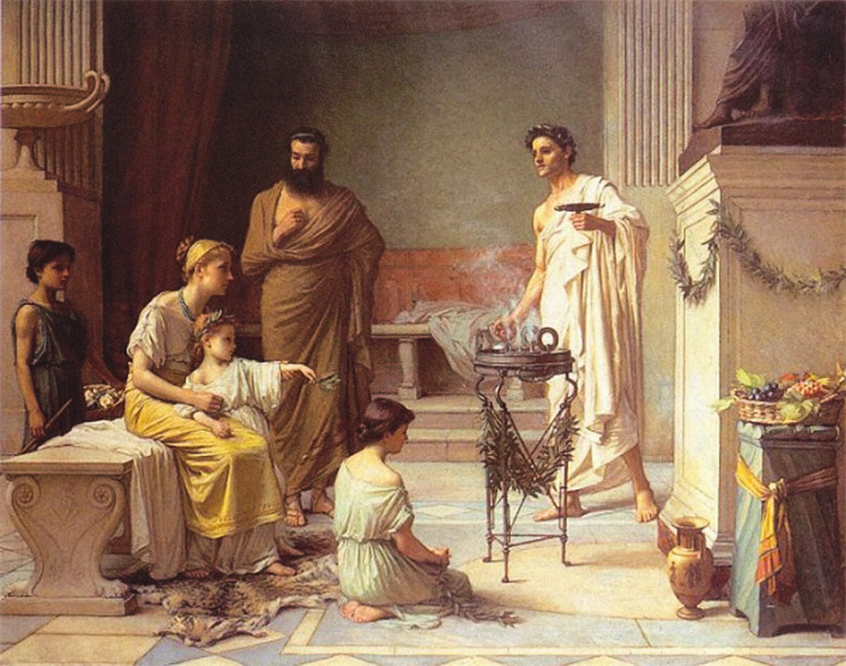 Больного ребёнка приводят в храм Асклепия — Джон Уильям Уотерхаус (1849–1917) 