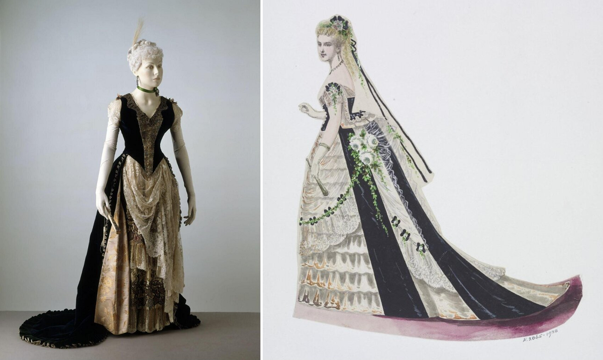 Вечернее платье от Мадлен Лафайетт, 1887-88, и раскрашенная модная литография, нач. 19870-х. (с) Из коллекции музея Виктории и Альберта (Лондон)