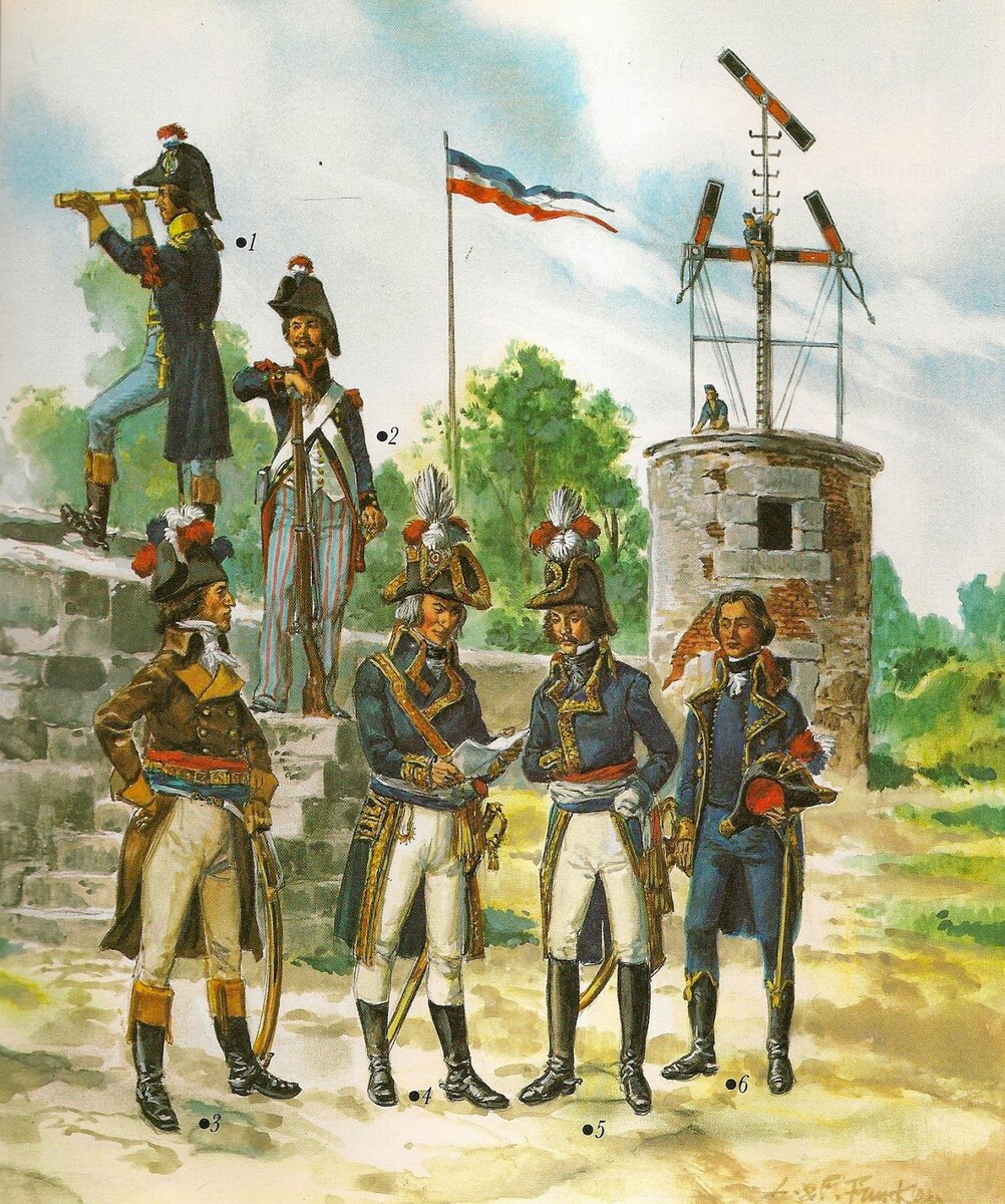1790-е, адъютант (1), солдат инженерных войск, комиссар-представитель от Конвента и республиканские генералы (4,5,6) у телеграфа Шаппа. Иллюстратор: Liliane and Fred Funcken
