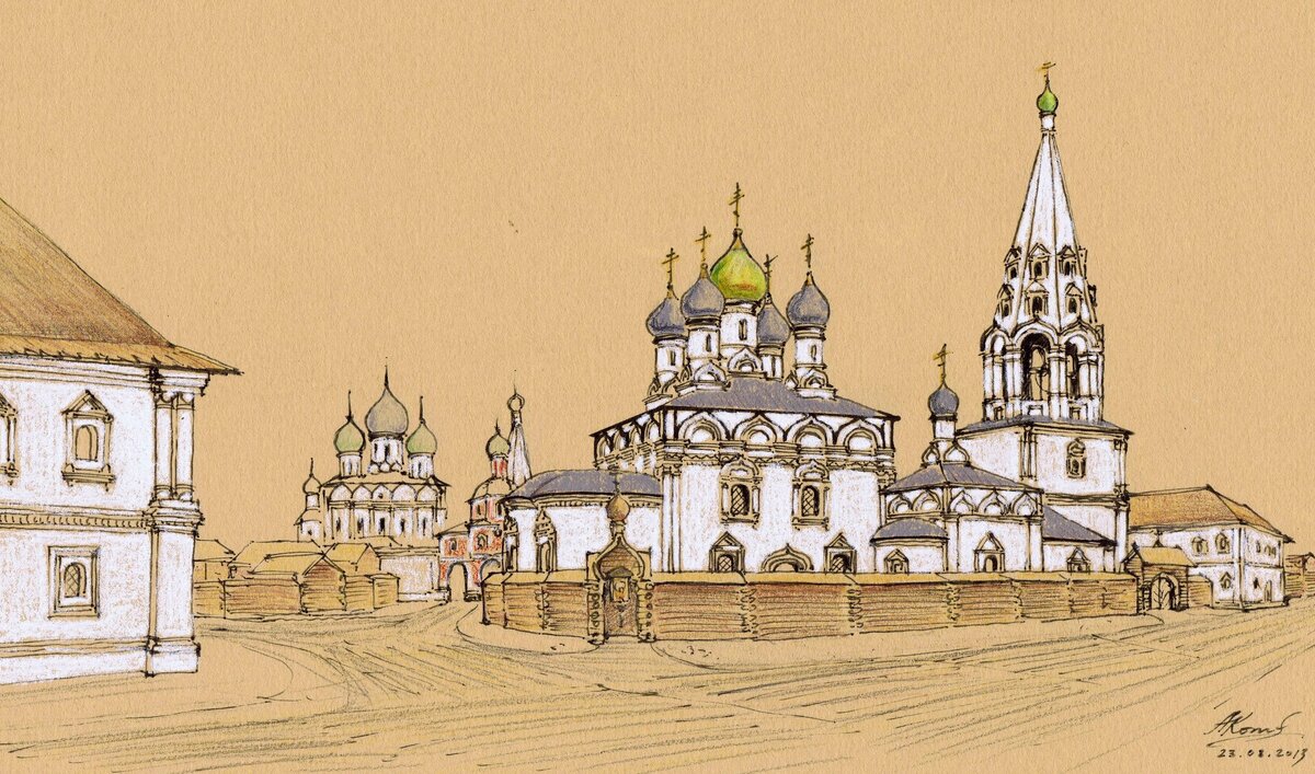 Церковь Воскресения Словущего XVII в. В перспективе: вид на Зачатьевский монастырь. Реконструкция А.Б. Котова. 2013 г.. Фото: wikipedia.org