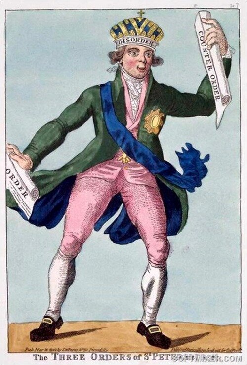 «Три приказа из Петербурга», Исаак Крукшенк, 1800 год © Public Domain Карикатура, намекающая на безумие Павла I
