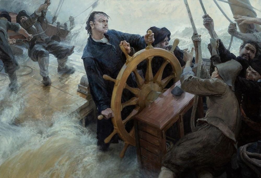 Петр Первый за штурвалом парусного судна во время шторма. Источник: culture.ru.