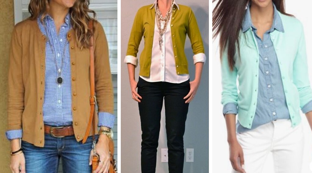 Пример устаревшего сочетания рубашки и тонкого кардигана