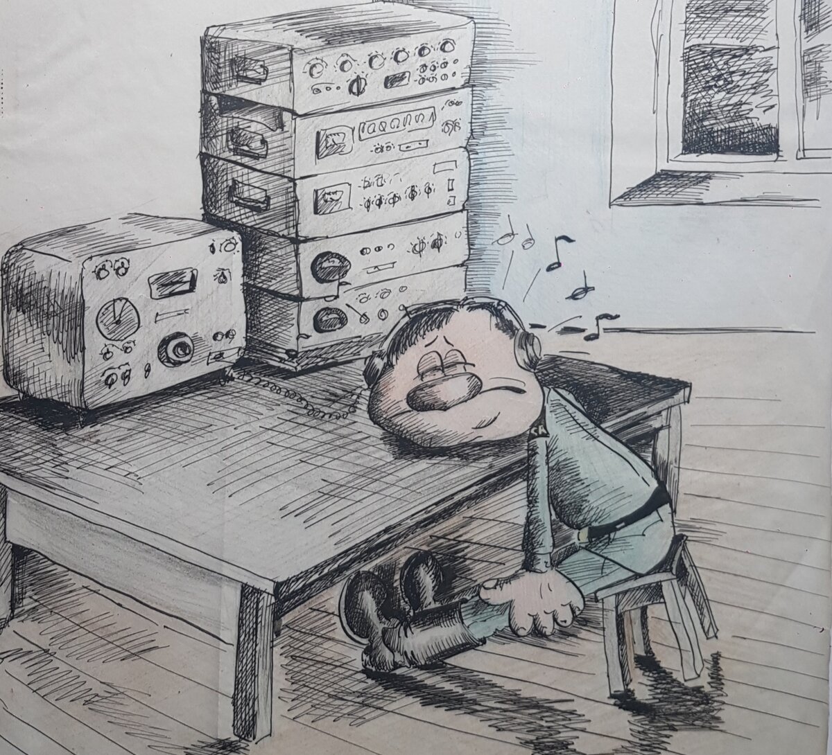 1987 год. Примерно так, на службе в войсках ПВО, я слушал волшебную музыку "Радио Люксембург". Нарисованная мною картинка, из дембельского  альбома.