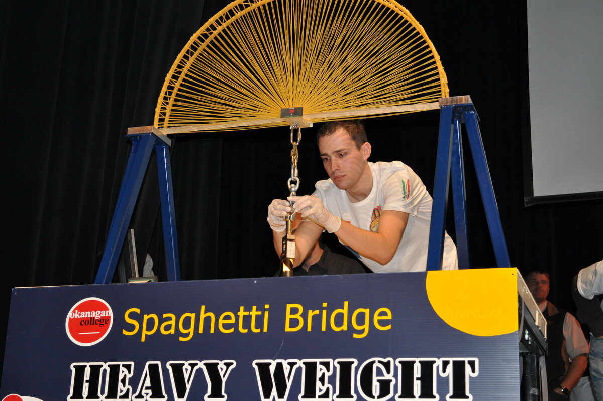 Этот мост выдержал 384.09 кг. Источник https://www.okanagan.bc.ca/Programs/Areas_of_Study/Technologies/spaghettibridge/history/heavyweight.html