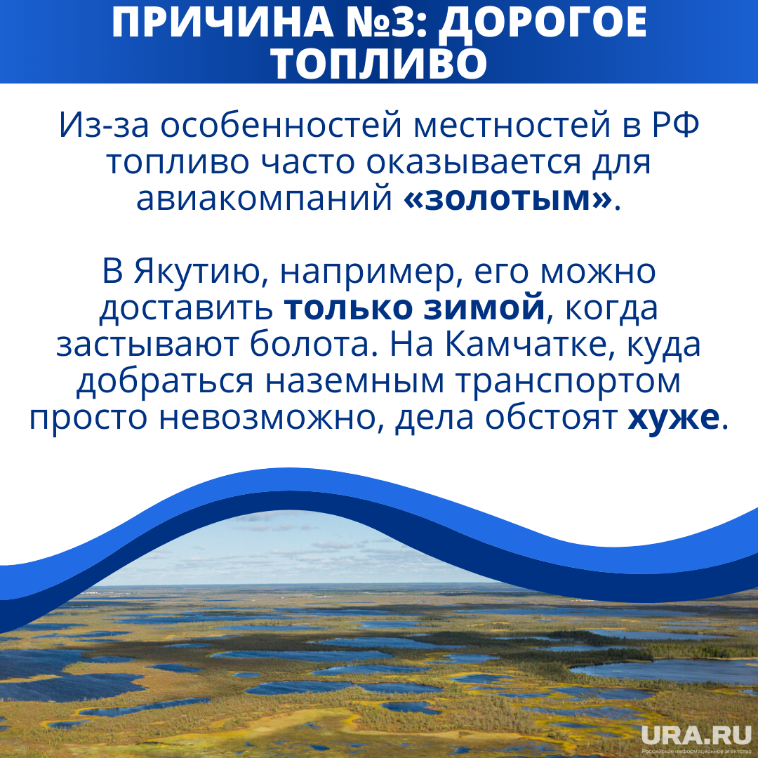 Из-за особенностей местностей в РФ топливо часто оказывается для авиакомпаний «золотым». В Якутию, например, его можно доставить только зимой, когда застывают болота. На Камчатке, куда добраться наземным транспортом просто невозможно, дела обстоят еще хуже.