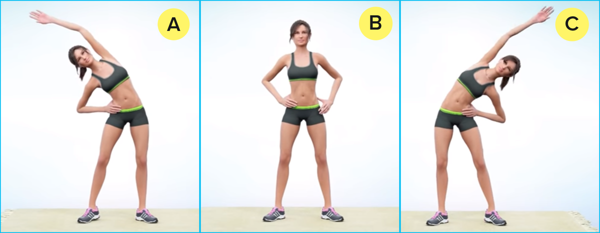 Наклоняясь поочередно в одну и в другую стороны, одновременно поднимайте руку с той же стороны и хорошенечко тянитесь при этом.