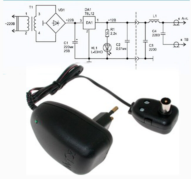 Питание антенного усилителя по коаксиальному кабелю схема