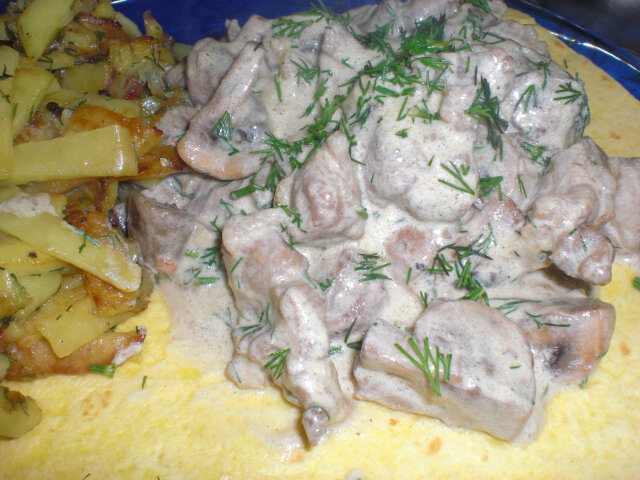 Свинина с грибами в сливках.