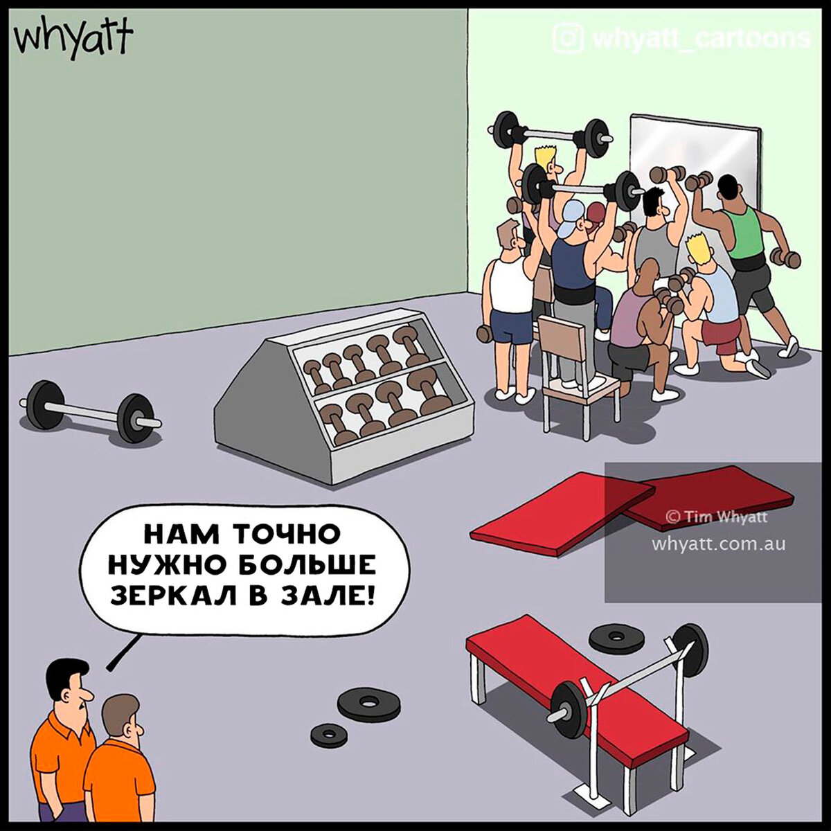 В спортзале все любят попялиться на себя, красивого. 