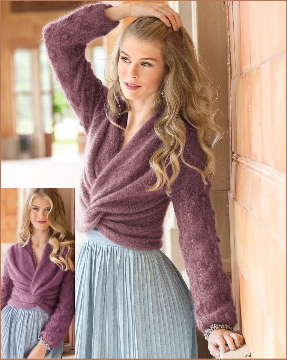 Оригинальный пуловер спицами с полотном наискосок