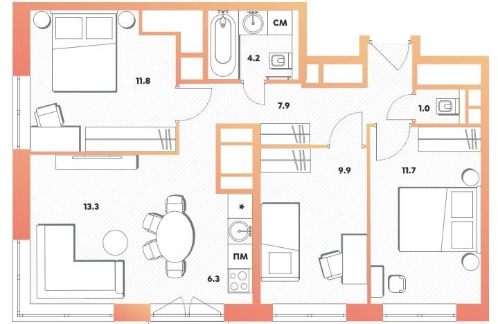 в семейных планировках с 2 и 3 спальнями появляется более просторная кухня-гостиная, чтобы семья проводила время вместе и каждый мог при этом заниматься своим делом