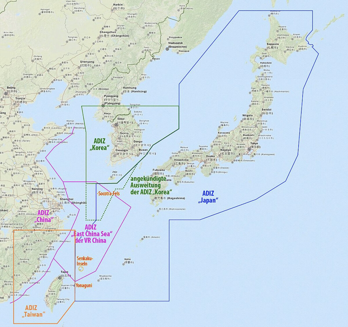 Опознавательные зоны ПВО над Японией (синий), Южной Кореей (зеленый), Китаем (розовый) и Тайванем/ОКР (оранжевый). Изображение: Wikimedia