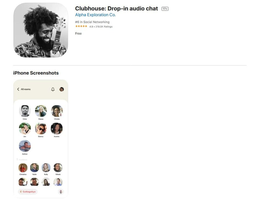 Clubhouse в топе App Store. Скриншот: apps.apple.com
