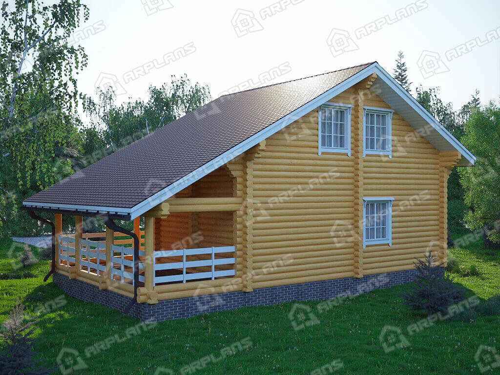 Фото 2 деревянного двухэтажного дома из бревна с мансардой, 2 спальнями, балконом и террасой. Полезная площадь до 102 кв м. Источник arplans.ru Проект ДО-152 