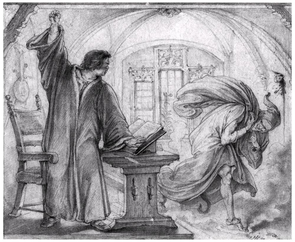 «Лютер изгоняет черта». Рис. Юлиуса Хюбнера (Julius Hübner). Карандаш. 1850 г.