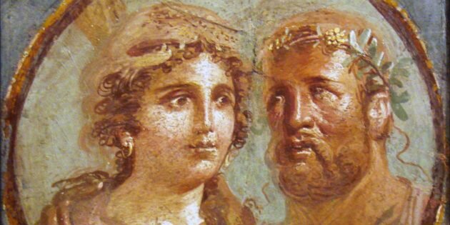 Геракл и Омфала, римская фреска, 45–79 гг. н. э., Национальный археологический музей Неаполя, Италия. Изображение: Wikimedia Commons📷
