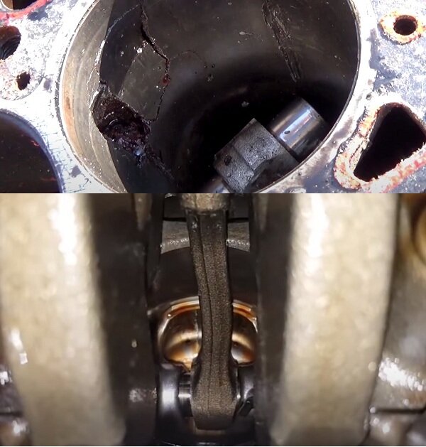 Последствия гидроудара мотора - разрушенный цилиндр и  погнутый шатун поршня