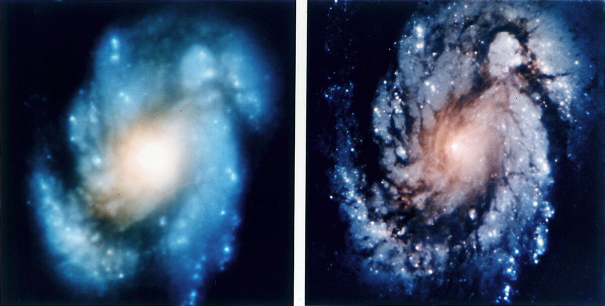 Снимок галактики М100 до и после установки COSTAR(Система по коррекции абберации) Автор: NASA Общественное достояние .( https://commons.wikimedia.org/w/index.php?curid=366695 ).