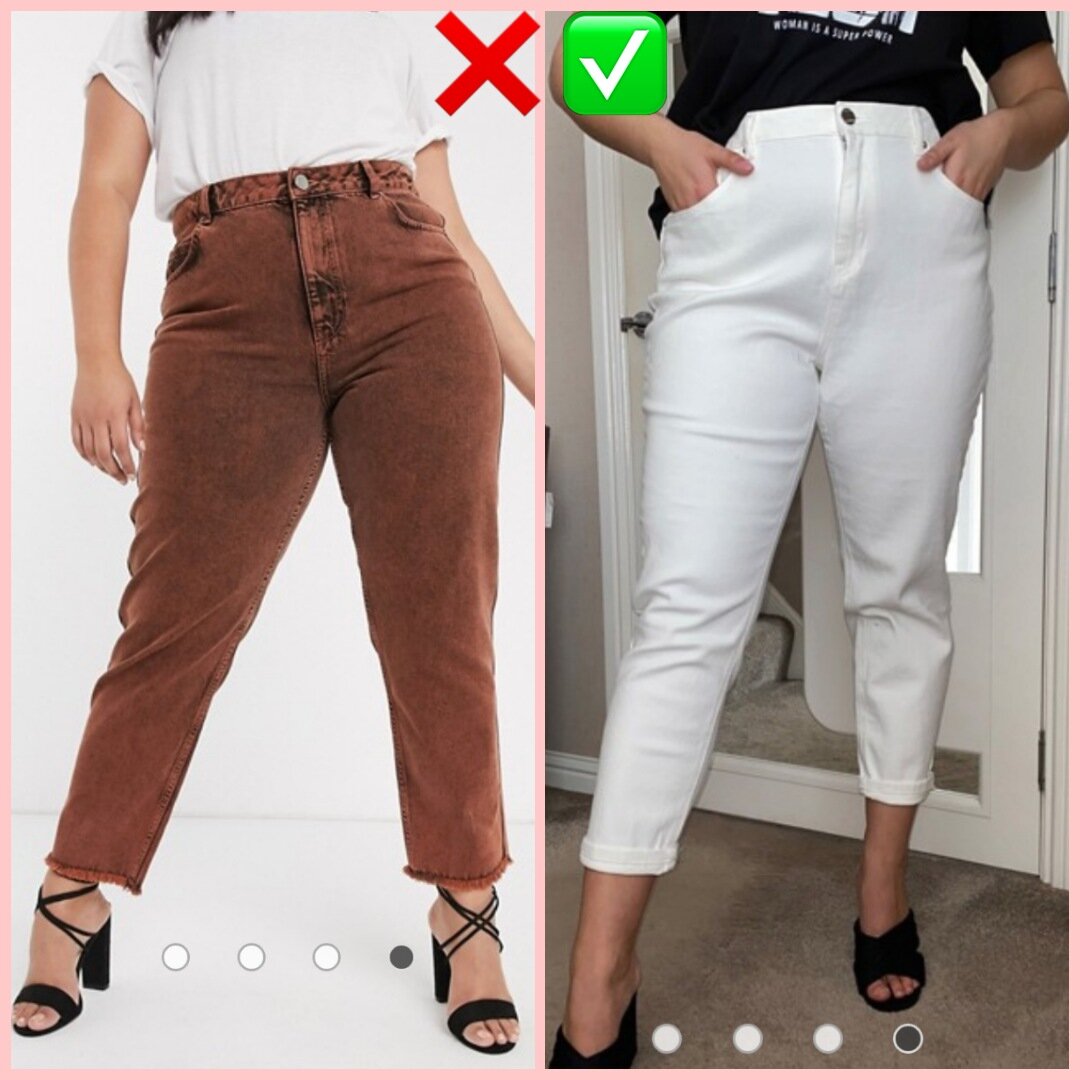 Если при выборе платья мы говорили об ориентире на яркие цвета, то при выборе джинсов лучше выбирать светлые модели.