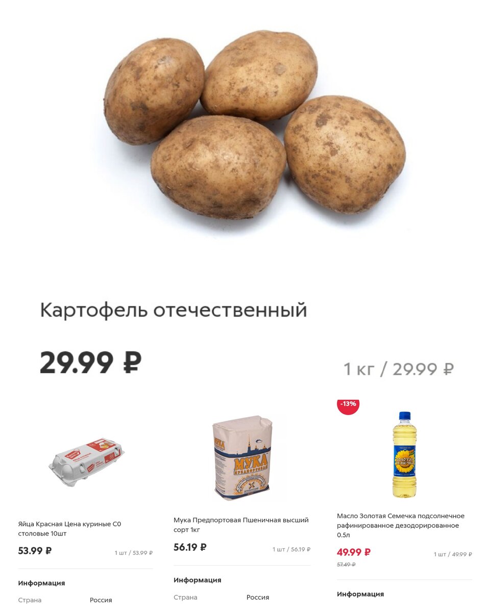 Примерные цены на продукты в магазине "Пятёрочка" 