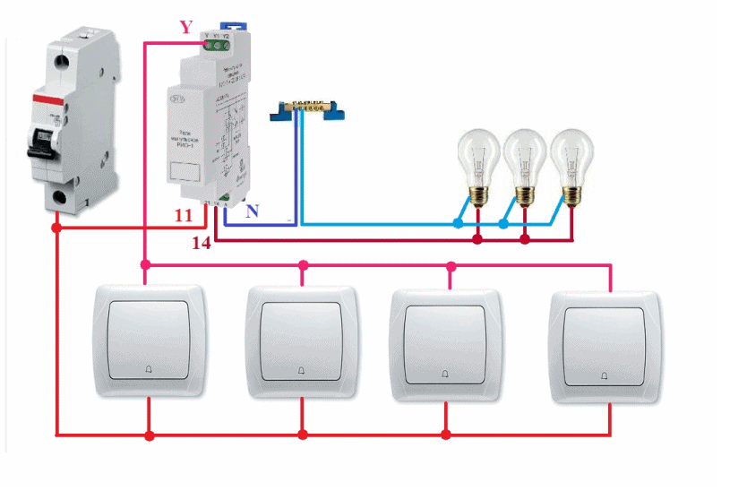Подключить свет после отключения. Импульсный реле для света схема подключения. Схема подключения освещения через импульсное реле. Схема подключения импульсного реле на свет. Импульсный автоматический выключатель схема подключения.