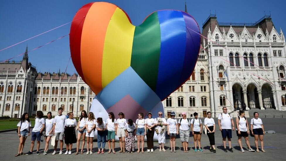 Activists displayed a huge rainbow balloon in front of Hungary's parliament to protest against the law 