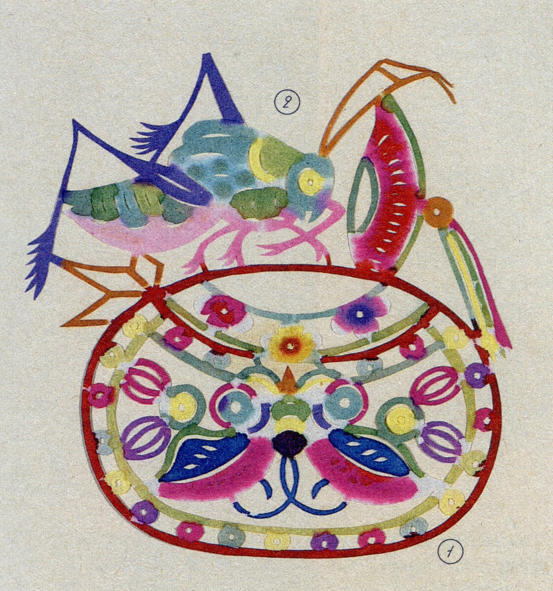 Кузнечик на круглой банке с бабочкой. Вырезка из бумаги. Китай, первая половина XX века (1 — вымышленная бабочка, 2 — вымышленное прямокрылое насекомое, возможно, из семейства кузнечиковых). Скан из книги «Бабочки Эрмитажа»