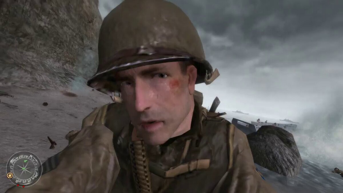 Во время высадки в Нормандии (американская компания) нас контузит, и мы, лежа не земле, поворачиваясь из стороны в сторону, ожидая смерти можем узреть все ужасы войны.