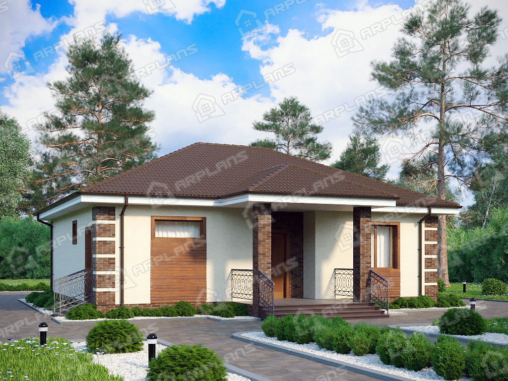 Фото 1 одноэтажного дома из газобетона с 2 спальнями, газовой котельной и террасой. 70 кв м. Источник arplans.ru Проект К-195