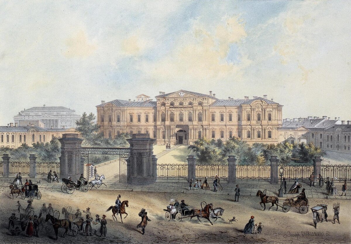 Вид на Воронцовский дворец в 1858 году, в котором размещался Пажеский корпус. Художник: Иосиф Шарлемань