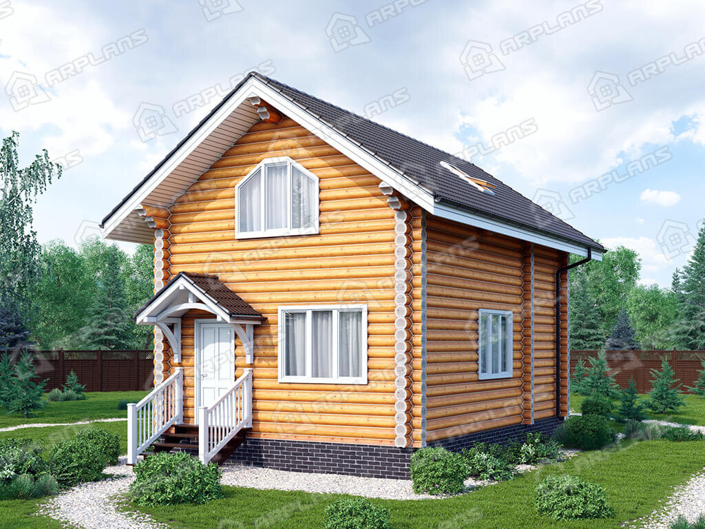 Фото 1 двухэтажной бани из бревна с мансардой и 2 спальнями. Площадь 78 кв м. Источник arplans.ru Проект Б-077