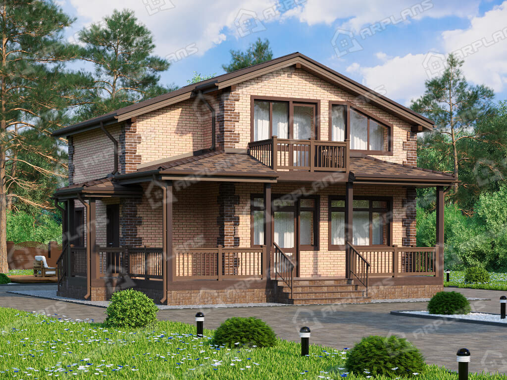 Фото 1 двухэтажного дома из газобетона с мансардой, 3 спальнями, балконом, топочной и терраса. Полезная площадь 90 кв м. Источник arplans.ru Проект К-372