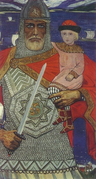 князь Олег  с малолетним Игорем Рюриковичем на руках