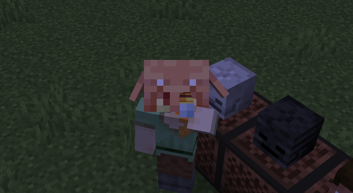 Телескоп так держится, будто голова пиглина с белыми глазами и правда является шапкой, а настоящие глаза ниже.